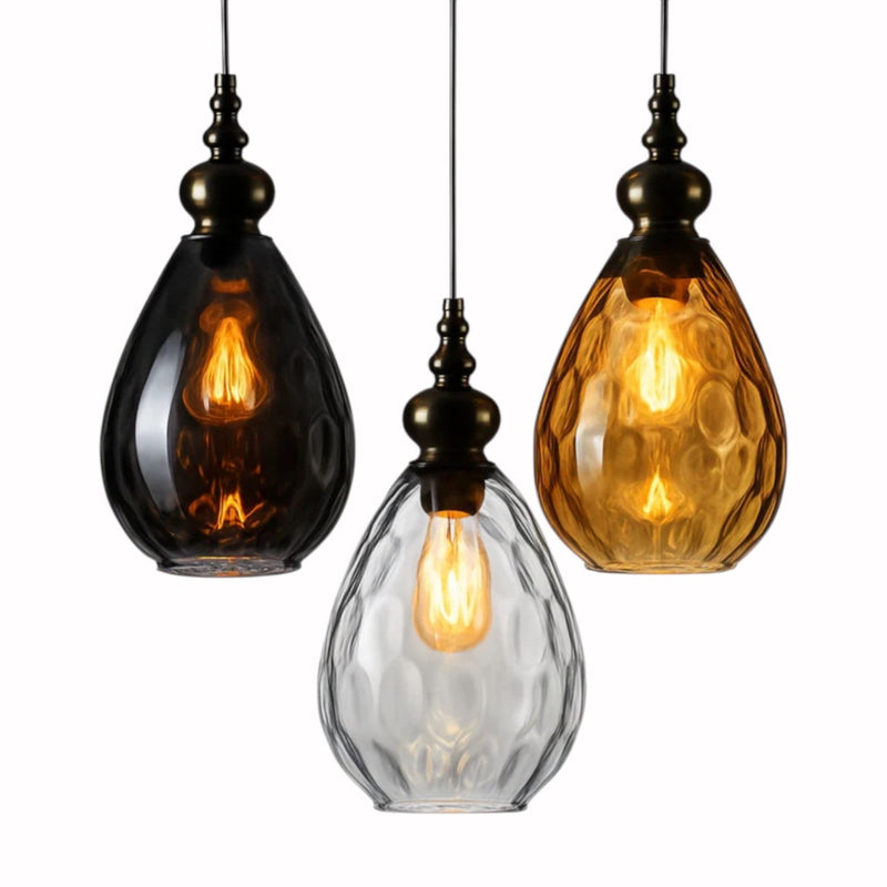Suspension Luminaire Design Lustre Multi-Têtes Gouttes Verre & Bois Wabi-Sabi
