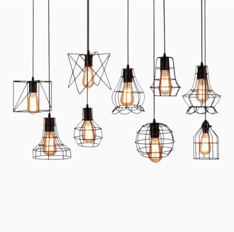 Suspension Luminaire Design Cage Industrielle Vintage Fer Noir