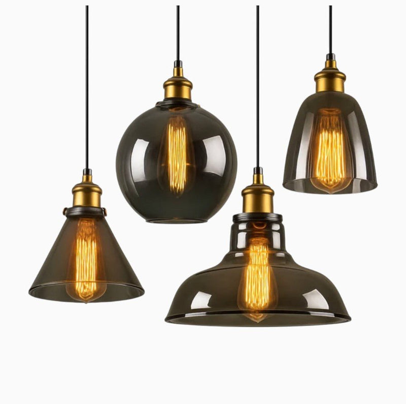 Suspension Luminaire Design Verre Ambré Style Industriel Vintage