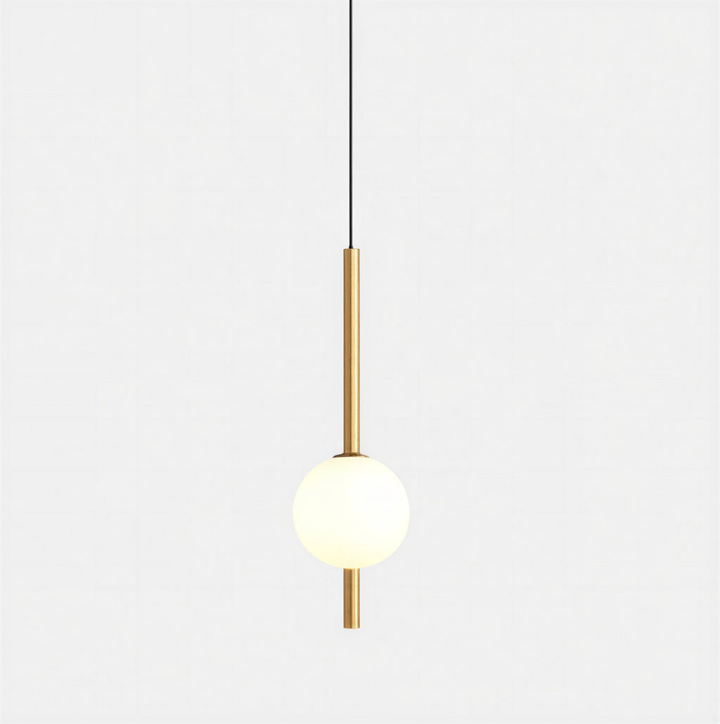 Luminaire Suspension Design Tige Fine Laiton & Globe Verre Laiteux