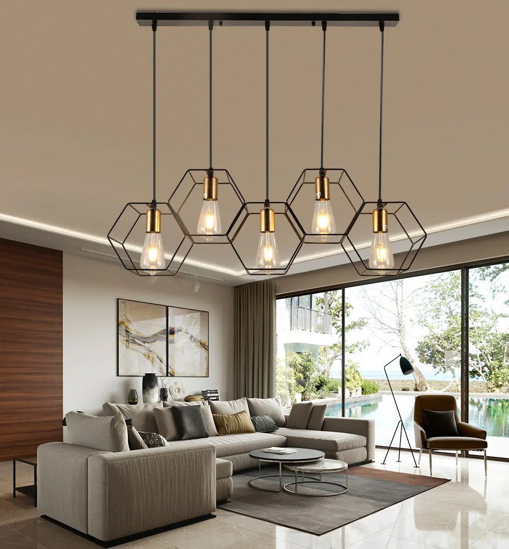 Suspension Luminaire Design Lustre Hexagones Nid d’Abeille Noir & Laiton
