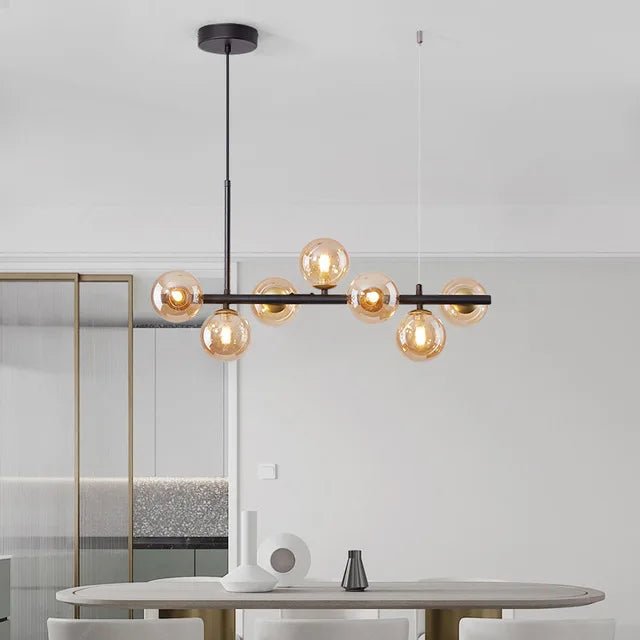 Suspension Luminaire Design Lustre Multi-Boules Verre & Tige Dorée ou Noire