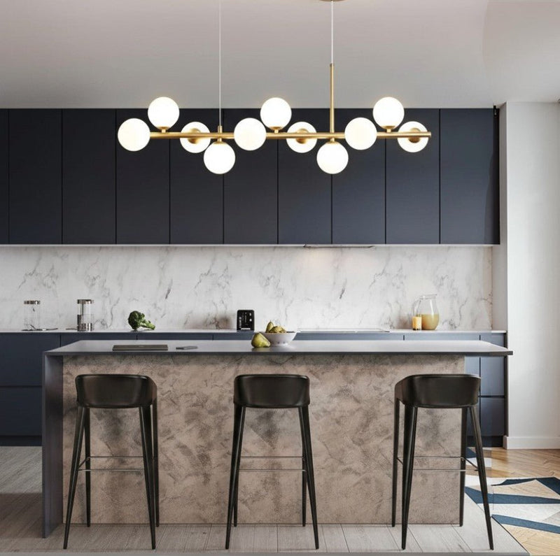 Suspension Luminaire Design Lustre Multi-Boules Verre & Tige Dorée ou Noire