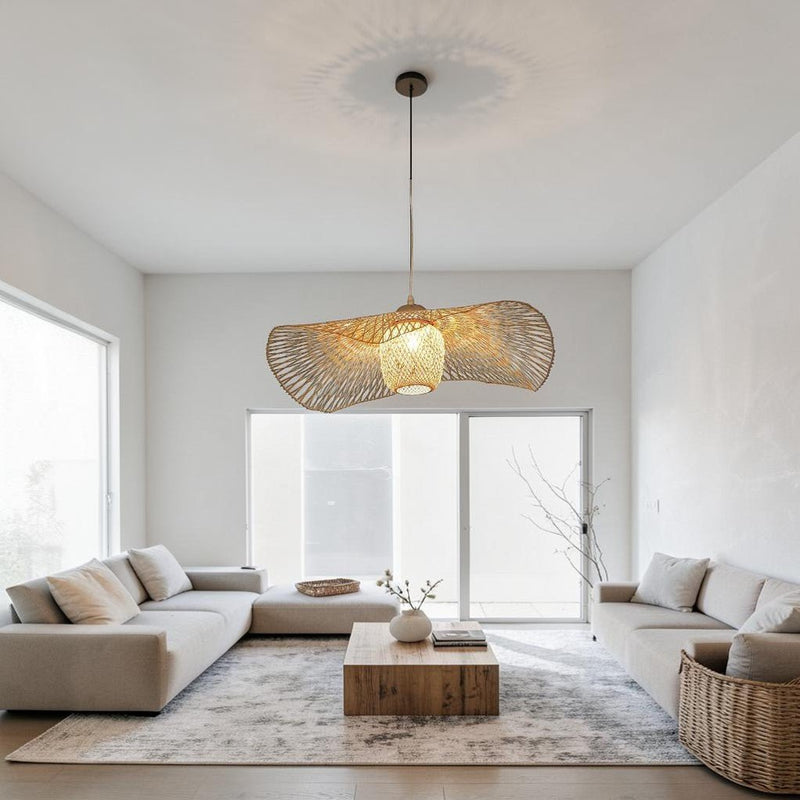 Suspension Luminaire Design Chapeau Bambou Tressé Wabi-Sabi