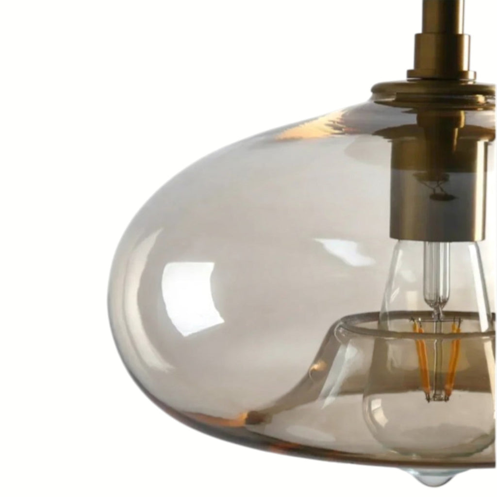 Suspension Luminaire Design Boule Verre Ambré Cognac & Laiton Doré