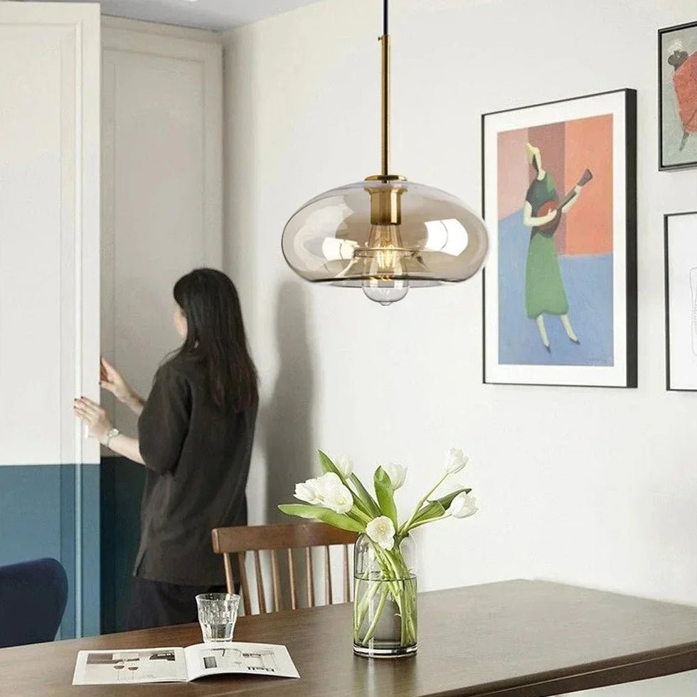 Suspension Luminaire Design Boule Verre Ambré Cognac & Laiton Doré