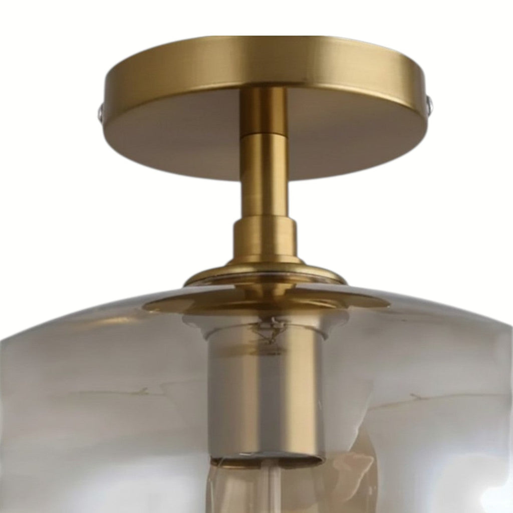 Suspension Luminaire Design Boule Verre Ambré Cognac & Laiton Doré