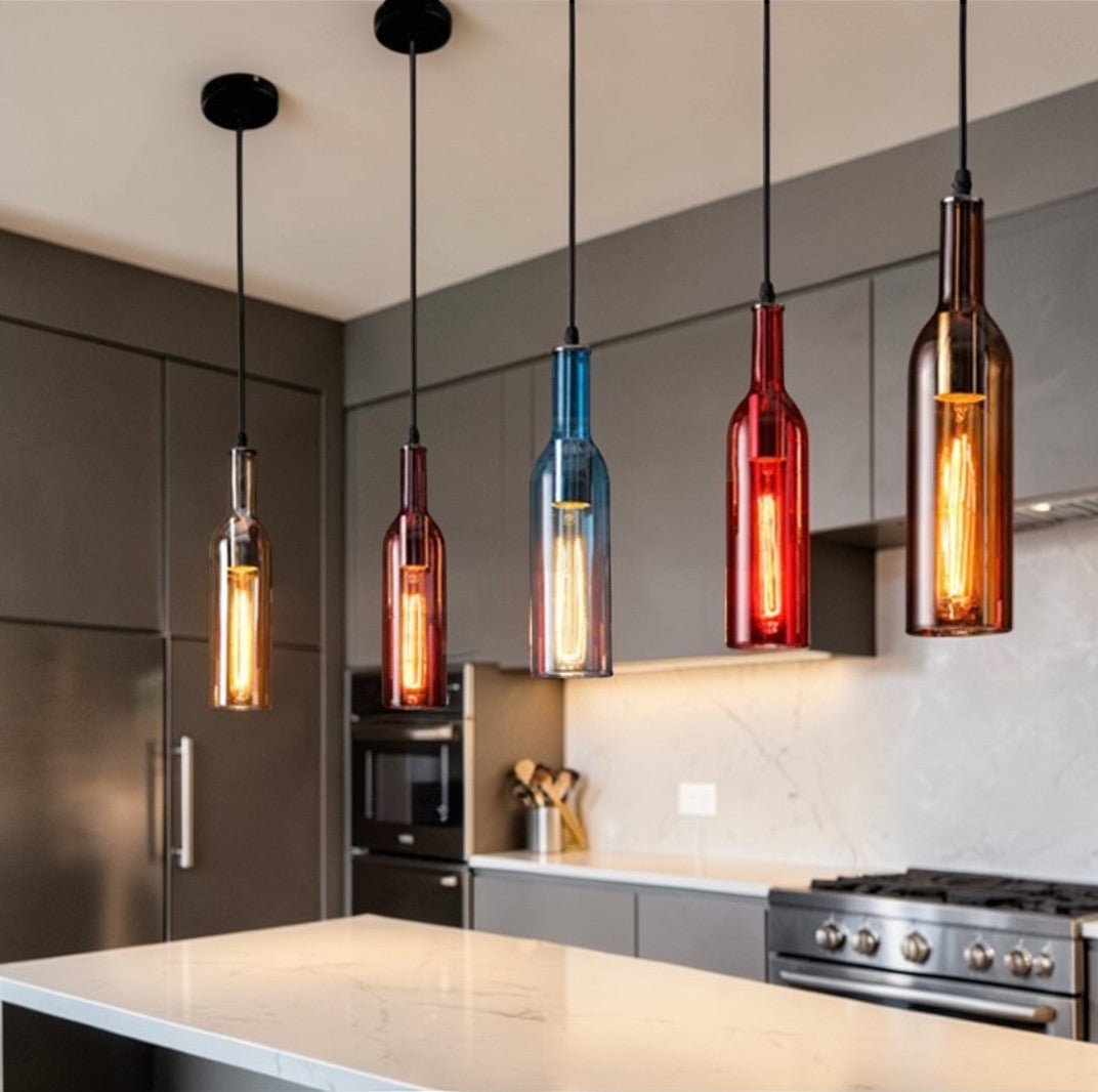 Luminaire Suspension Design Bouteille Vin Verre Coloré LED Créatif