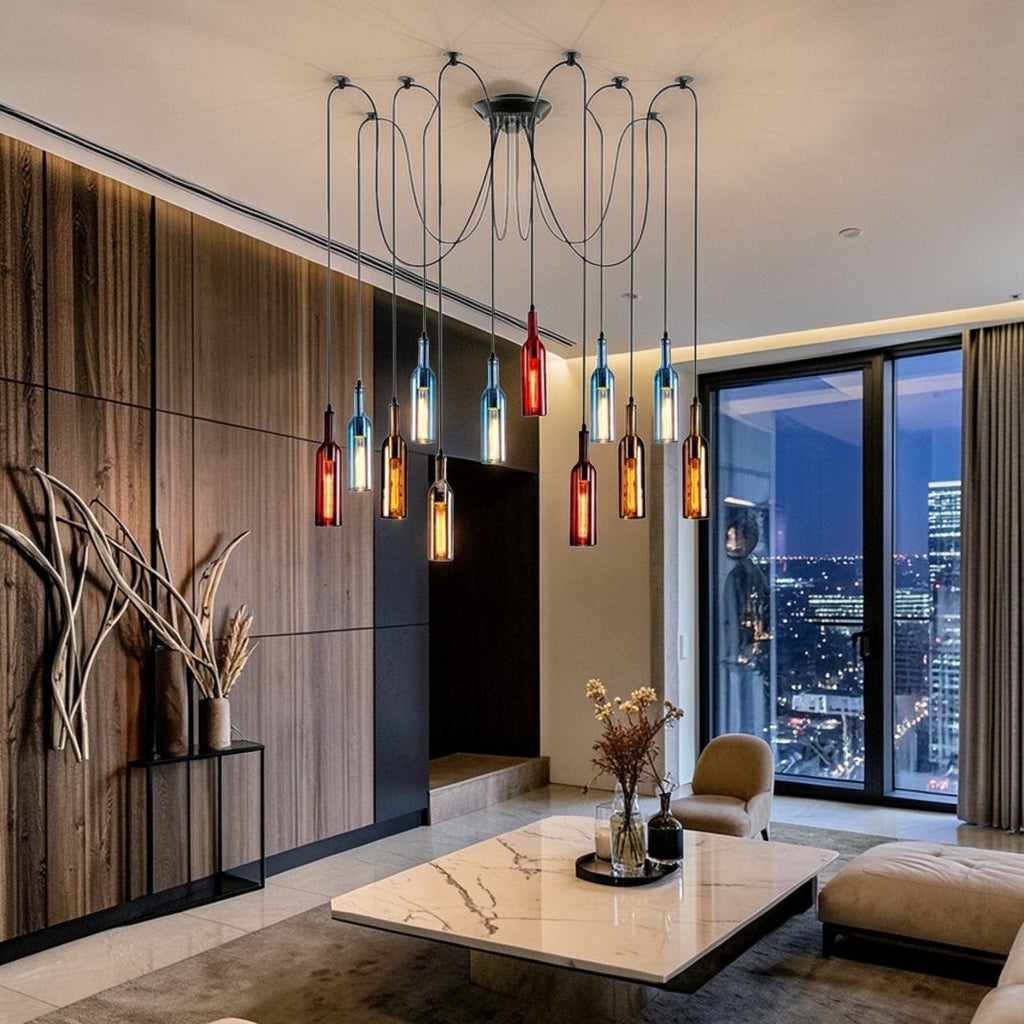 Luminaire Suspension Design Bouteille Vin Verre Coloré LED Créatif