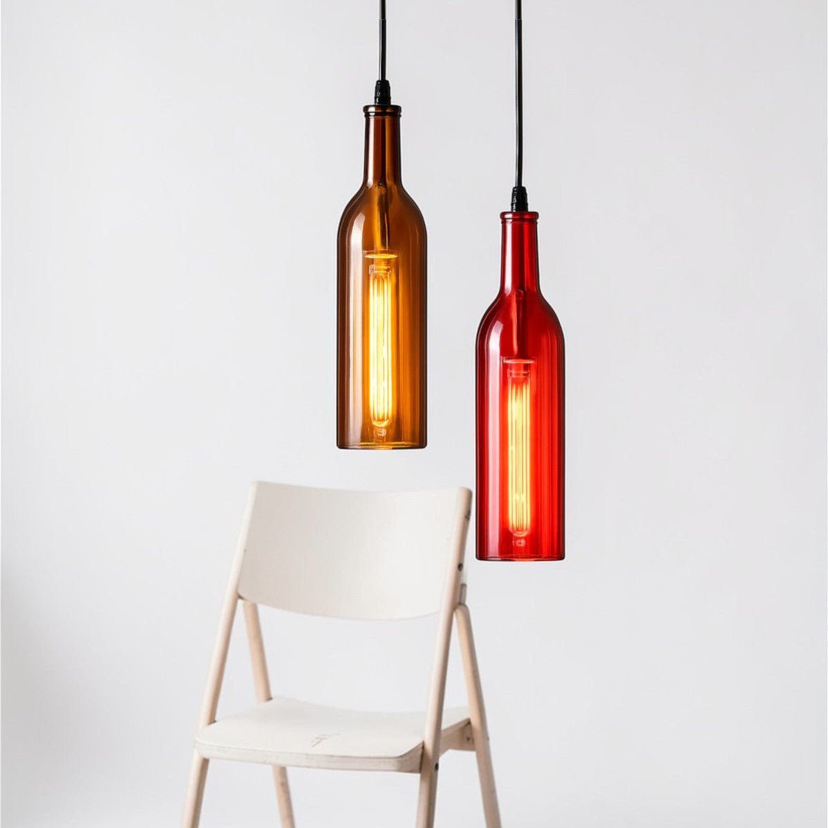 Suspension Luminaire Design Bouteille Verre Coloré & Ampoule Edison