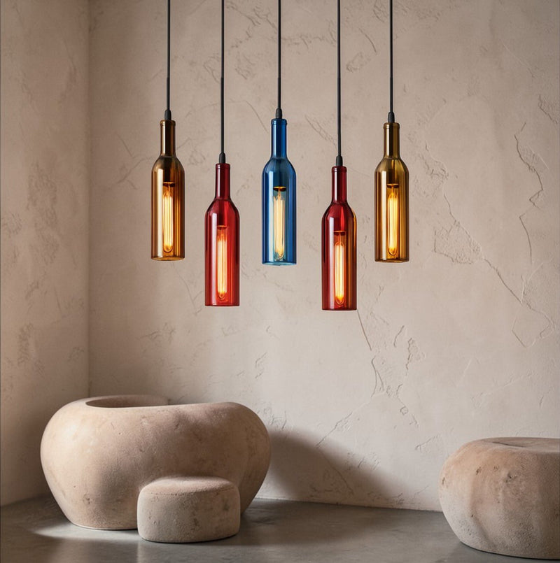 Suspension Luminaire Design Bouteille Verre Coloré & Ampoule Edison