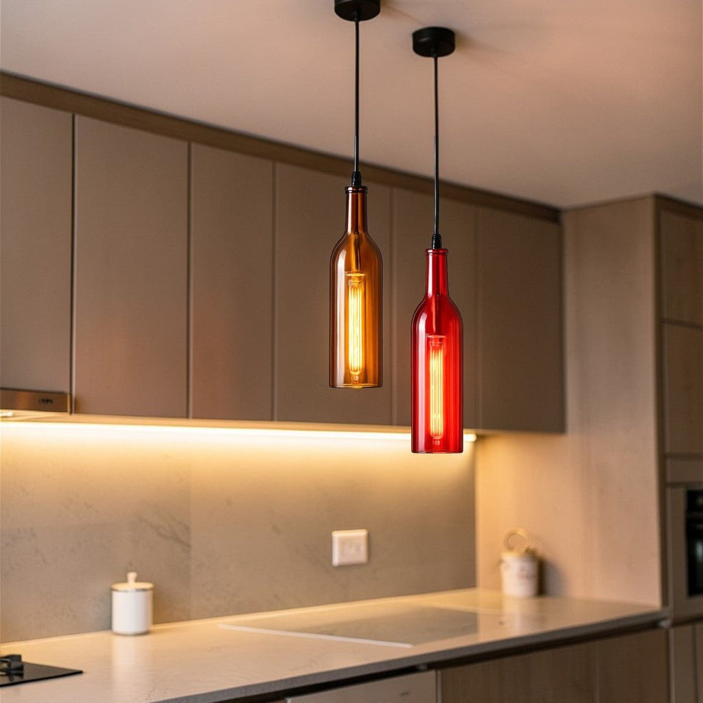 Suspension Luminaire Design Bouteille Verre Coloré & Ampoule Edison