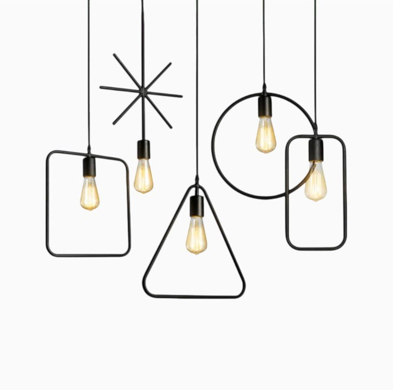 Suspension Luminaire Design Cadre Géométrique Noir & Ampoule Apparente