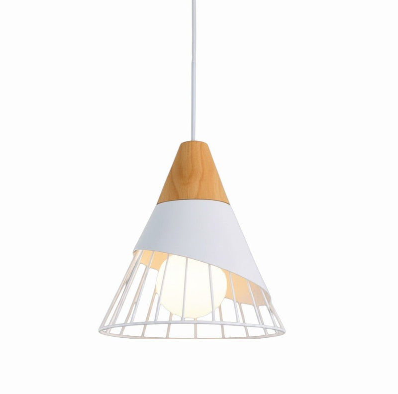 Suspension Luminaire Bois Cage Conique Métal Style Industriel