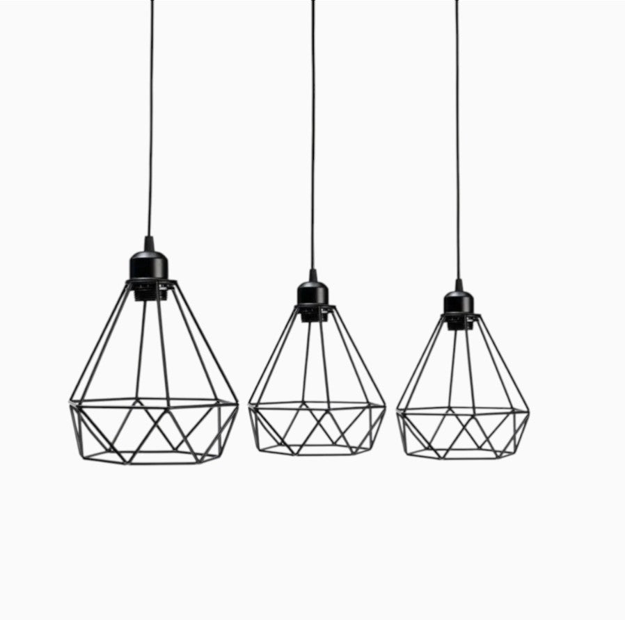 Suspension Luminaire Design Cage Diamant Fer Noir & Rail Rectangulaire
