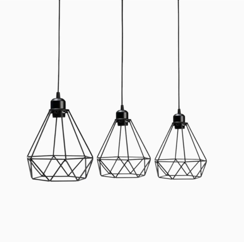 Suspension Luminaire Design Cage Diamant Fer Noir & Rail Rectangulaire