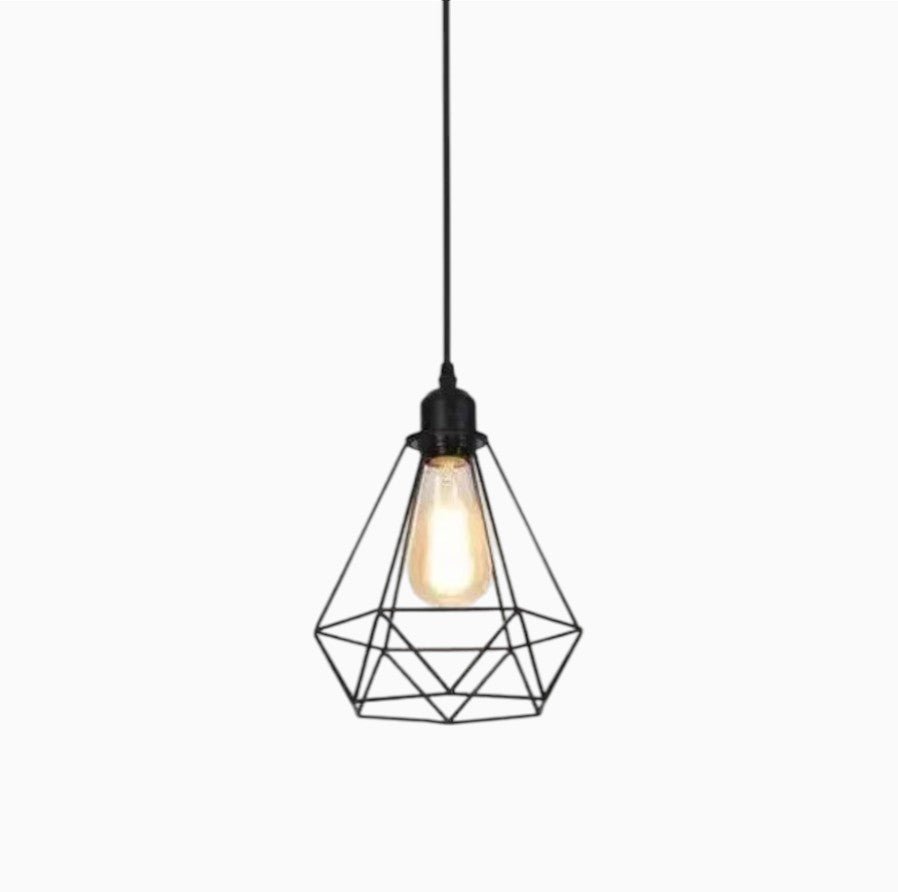 Suspension Luminaire Design Cage Diamant Fer Noir & Rail Rectangulaire