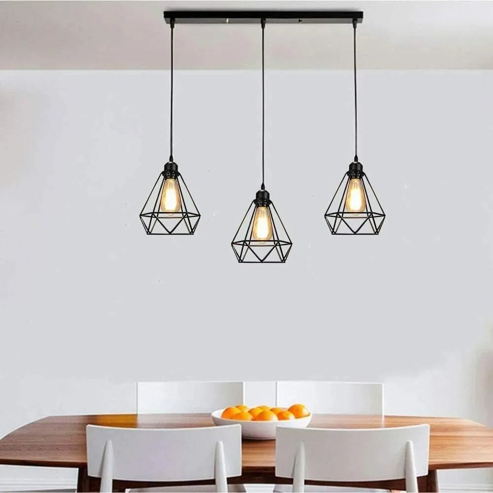 Suspension Luminaire Design Cage Diamant Fer Noir & Rail Rectangulaire