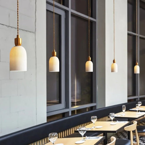 Luminaire Suspension Design Céramique Striée & Laiton Doré Vintage Nordique