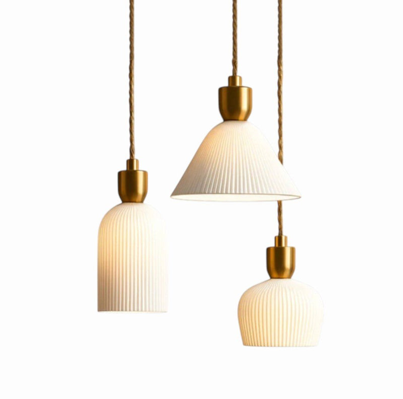 Luminaire Suspension Design Céramique Striée & Laiton Doré Vintage Nordique