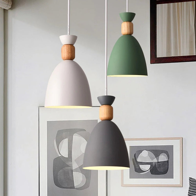 Suspension Luminaire Design Cloche Macaron Aluminium & Embout Bois