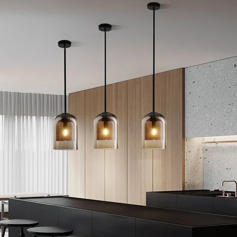 Suspension Luminaire Design Cloche Verre Double Paroi — Gris Fumé & Ambre