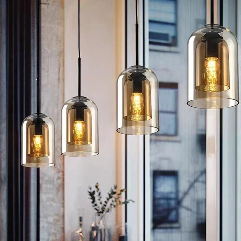 Suspension Luminaire Design Cloche Verre Double Paroi — Gris Fumé & Ambre