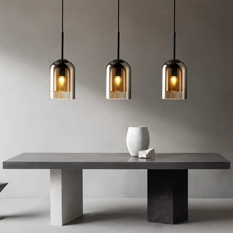 Suspension Luminaire Design Cloche Verre Double Paroi — Gris Fumé & Ambre