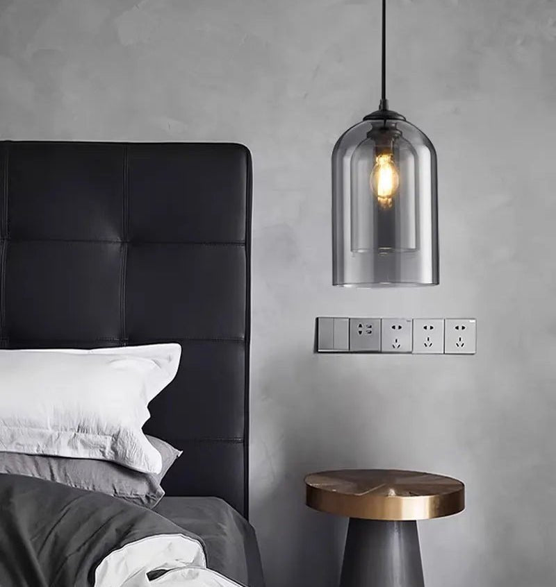 Suspension Luminaire Design Cloche Verre Fumé & Ampoule Edison