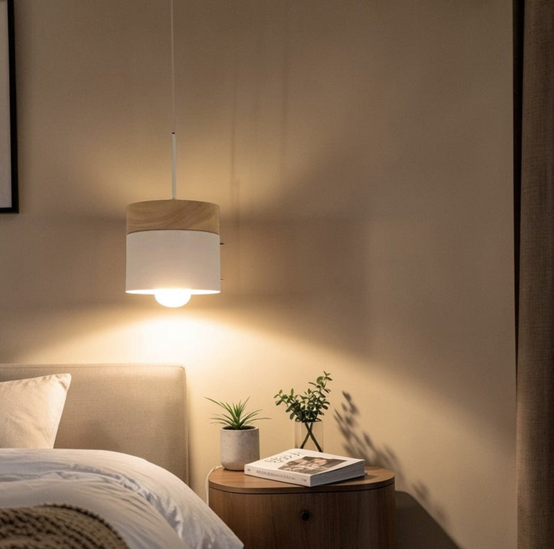 Suspension Luminaire Bois Cylindrique Métal LED Industriel Vintage
