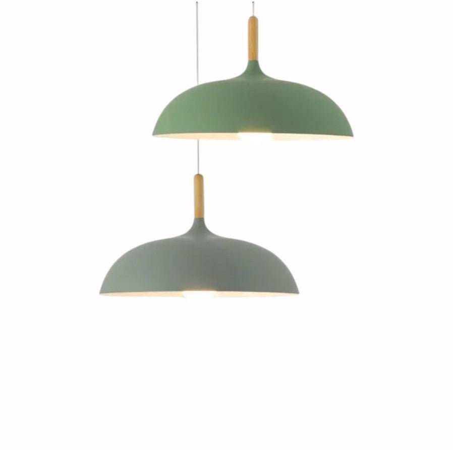 Luminaire Suspension Design Dôme Macaron Métal Laqué & Embout Bois