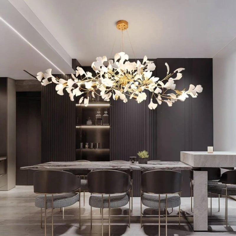 Suspension Luminaire Design Feuilles Ginkgo Céramique & Armature Dorée