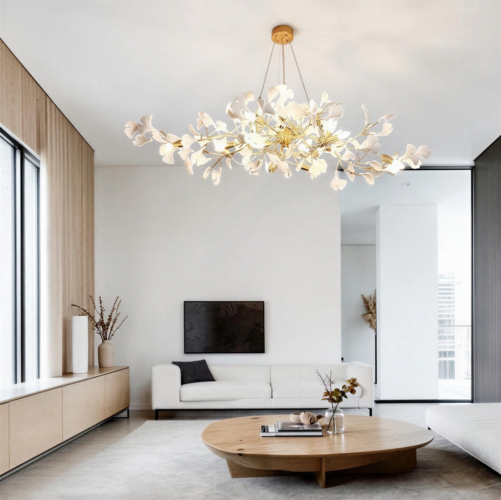 Suspension Luminaire Design Feuilles Ginkgo Céramique & Armature Dorée