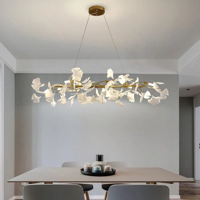 Suspension Luminaire Design Feuilles Ginkgo Céramique & Armature Dorée