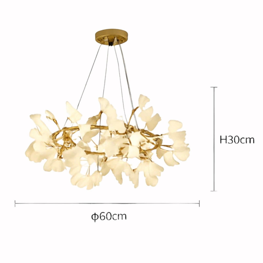 Suspension Luminaire Design Feuilles Ginkgo Céramique & Armature Dorée