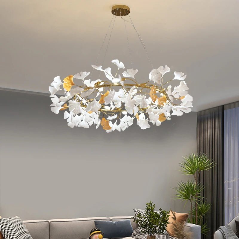 Suspension Luminaire Design Feuilles Ginkgo Céramique & Armature Dorée