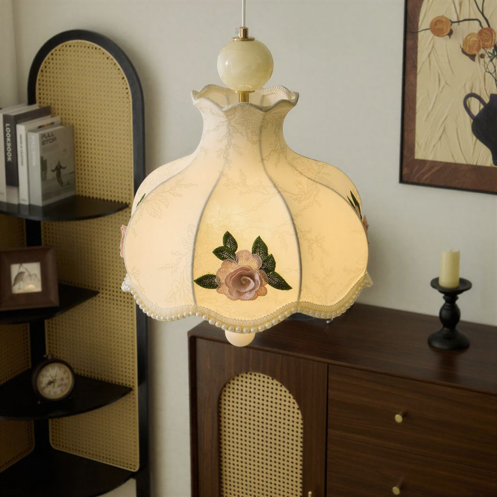 Suspension Luminaire Design Abat-Jour Fleurs Brodées Rose Vintage