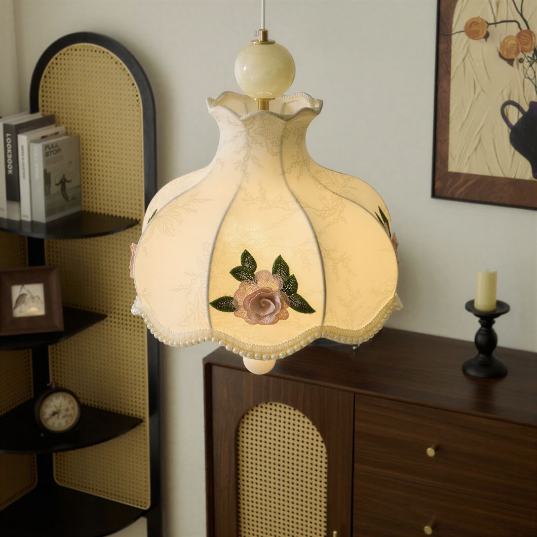 Suspension Luminaire Design Abat-Jour Fleurs Brodées Rose Vintage
