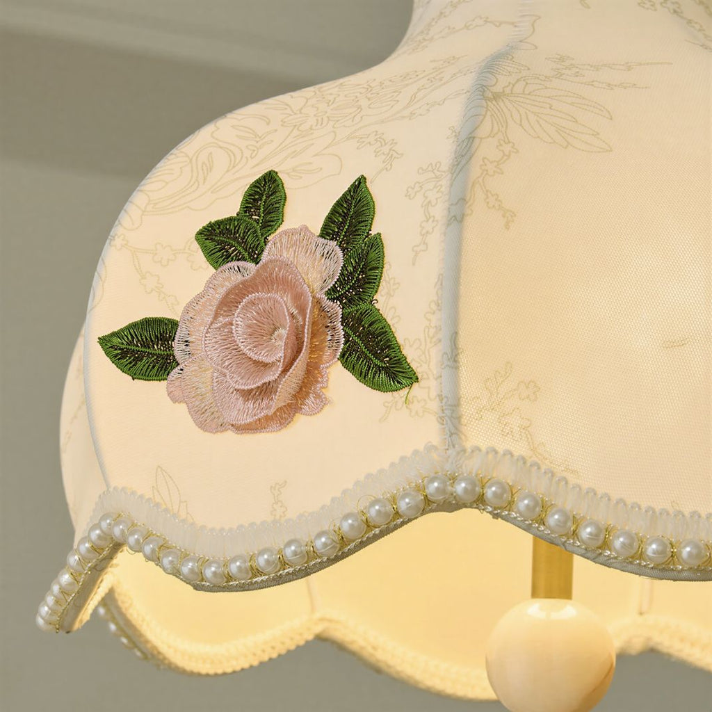 Suspension Luminaire Design Abat-Jour Fleurs Brodées Rose Vintage