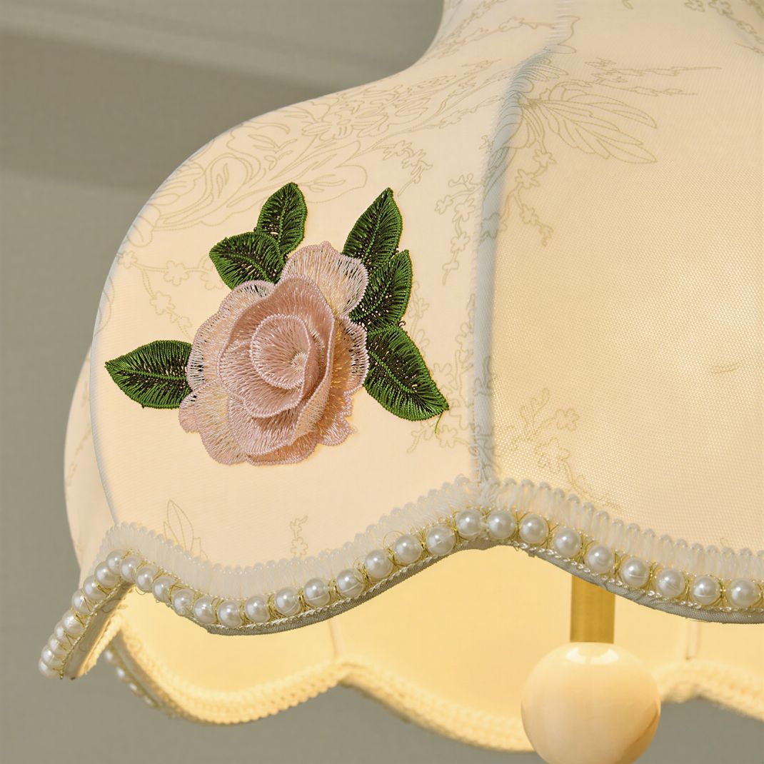 Suspension Luminaire Design Abat-Jour Fleurs Brodées Rose Vintage