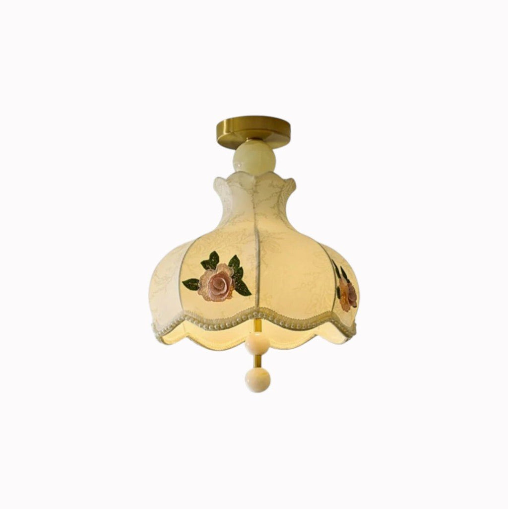 Suspension Luminaire Design Abat-Jour Fleurs Brodées Rose Vintage