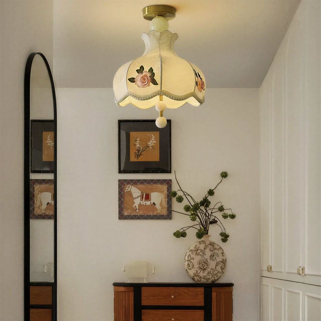Suspension Luminaire Design Abat-Jour Fleurs Brodées Rose Vintage