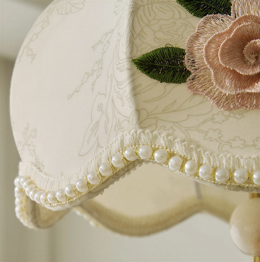 Suspension Luminaire Design Abat-Jour Fleurs Brodées Rose Vintage