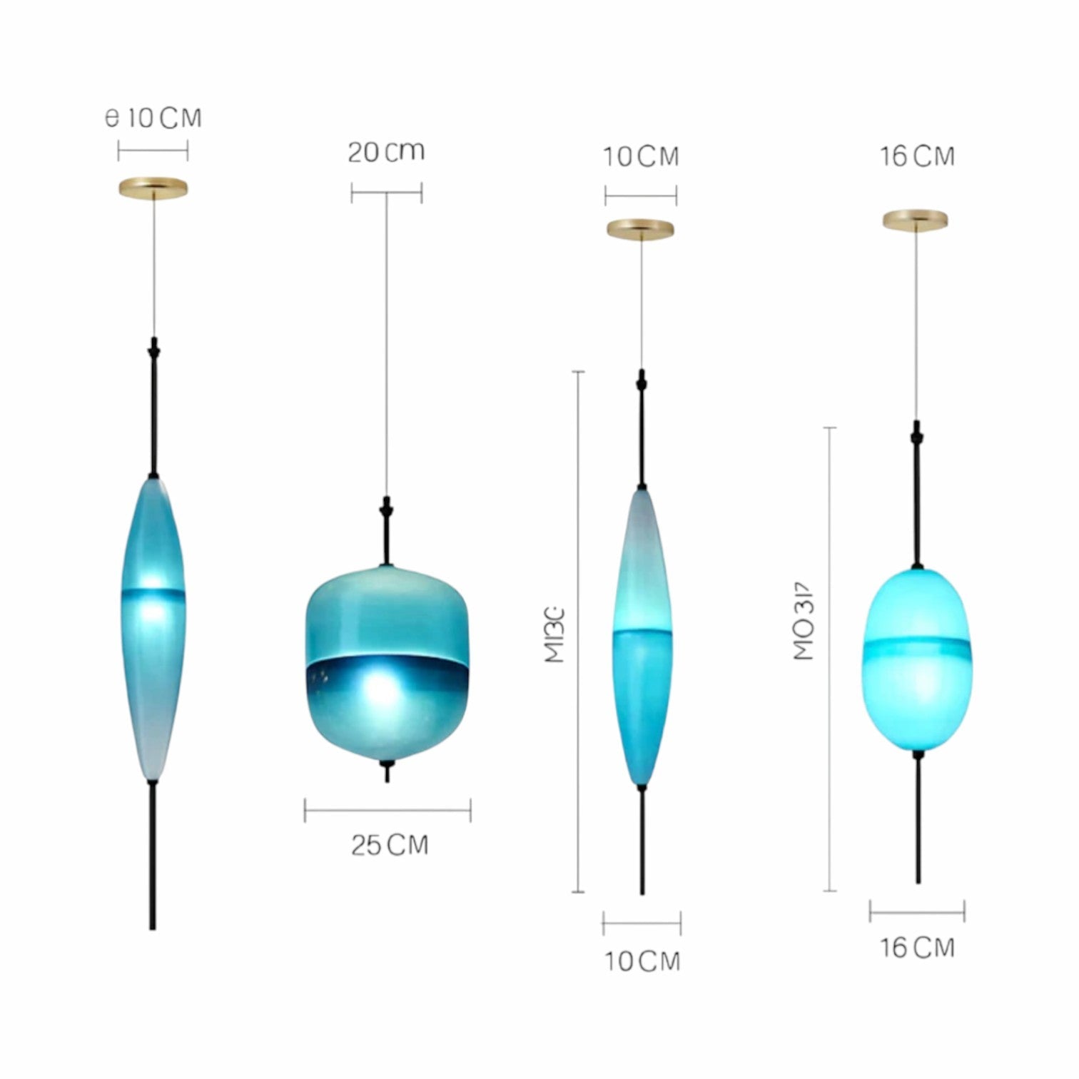 Suspension Luminaire Design LED Verre Soufflé Dégradé Bleu — 5 Formes