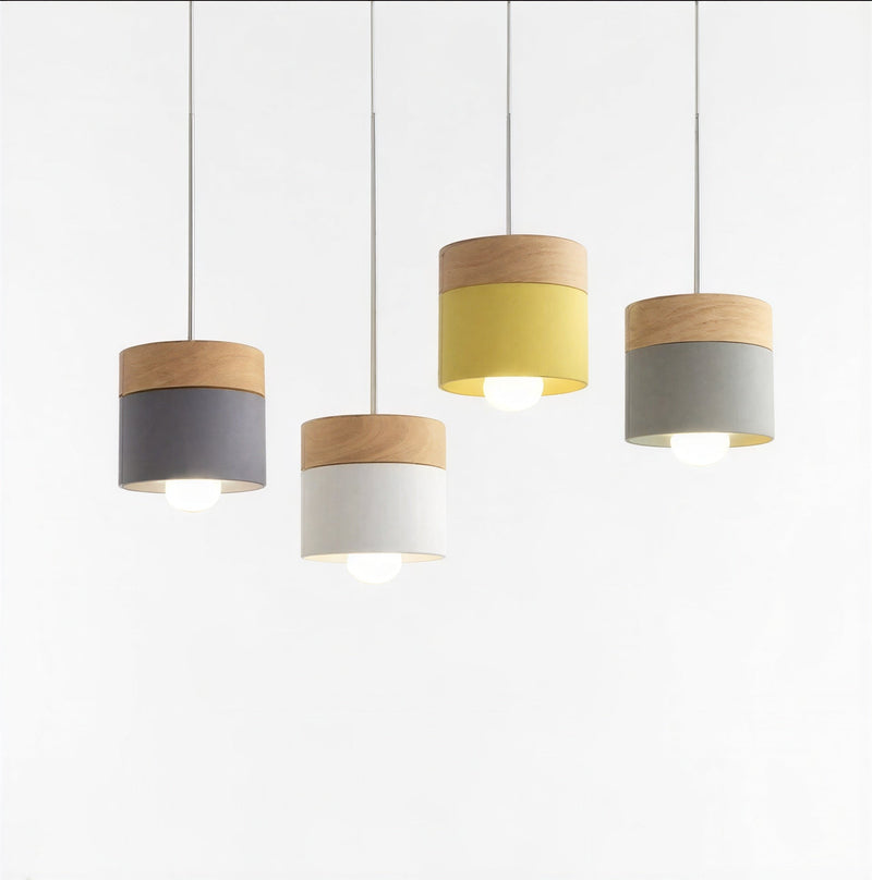 Suspension Luminaire Bois Cylindrique Métal LED Industriel Vintage
