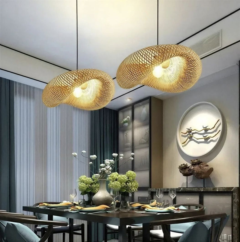 Suspension Luminaire Design Bambou Tressé Main Vintage