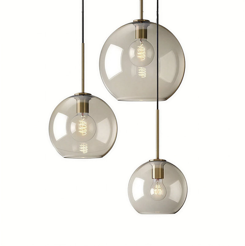 Suspension Luminaire Design Boule Verre Ambré Cognac & Laiton Doré