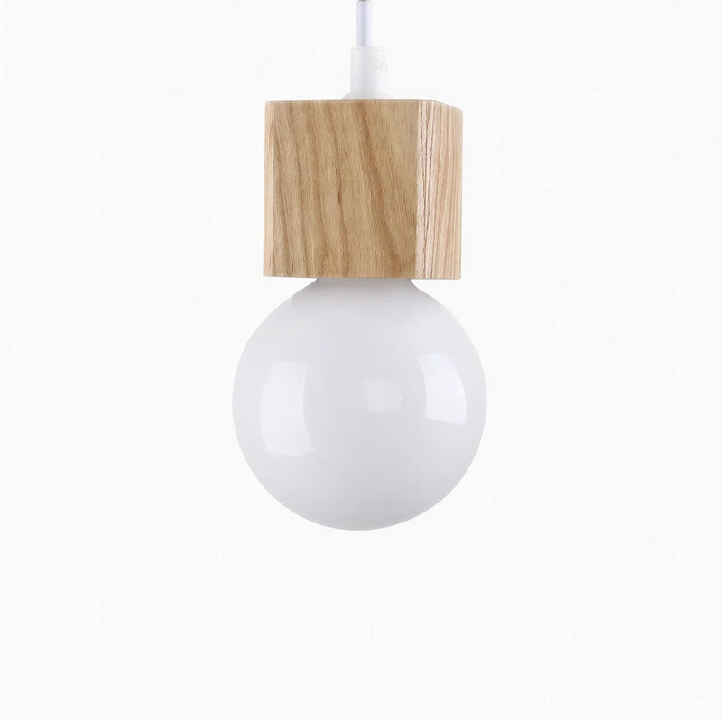 Suspension Luminaire Design Boule Verre Laiteux & Socle Bois Massif