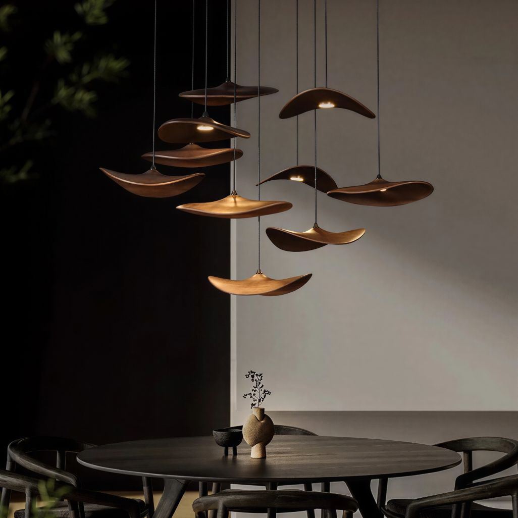 Suspension Luminaire Design Chapeau Bois Massif Art Déco