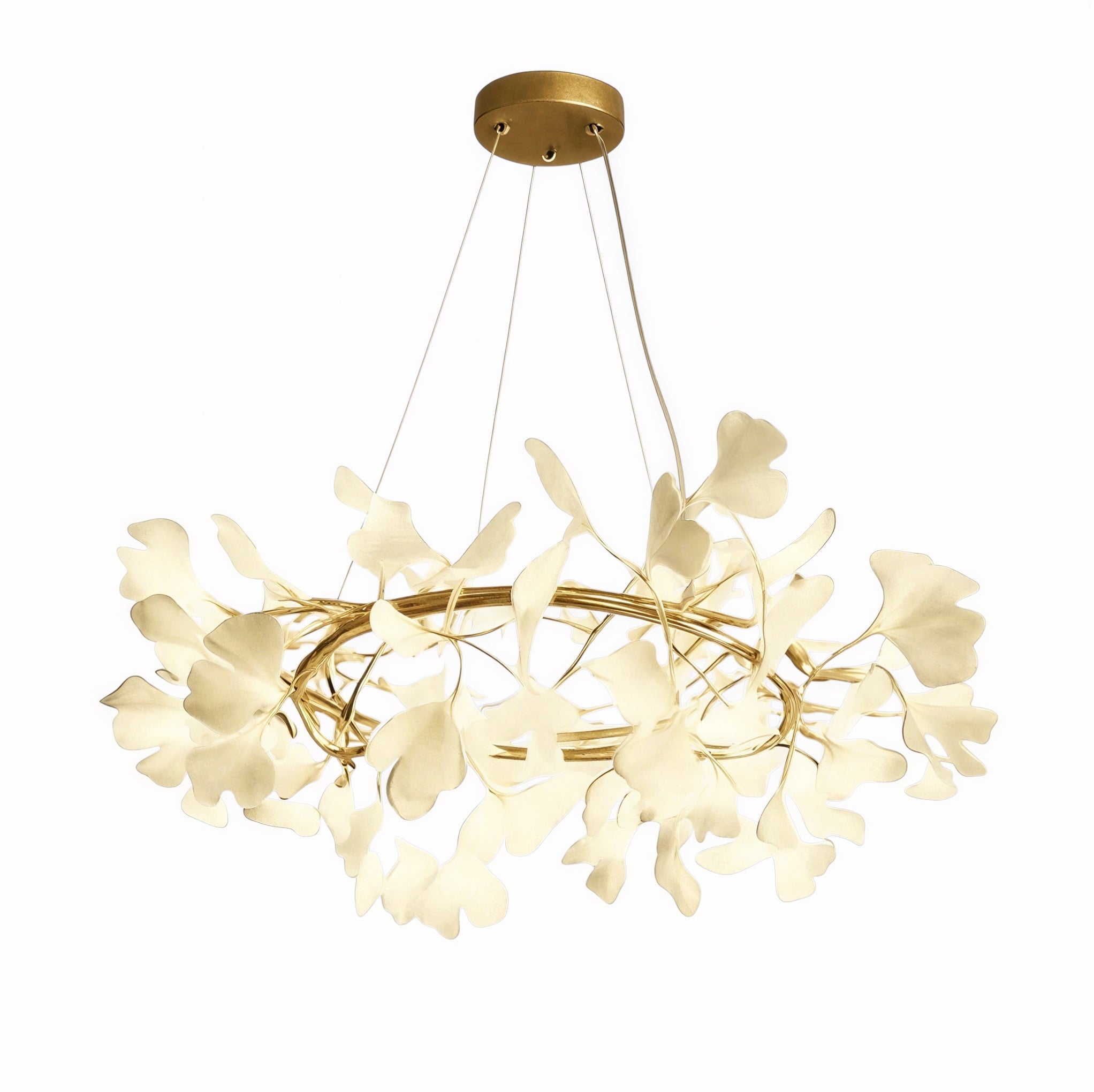 Suspension Luminaire Design Feuilles Ginkgo Céramique & Armature Dorée